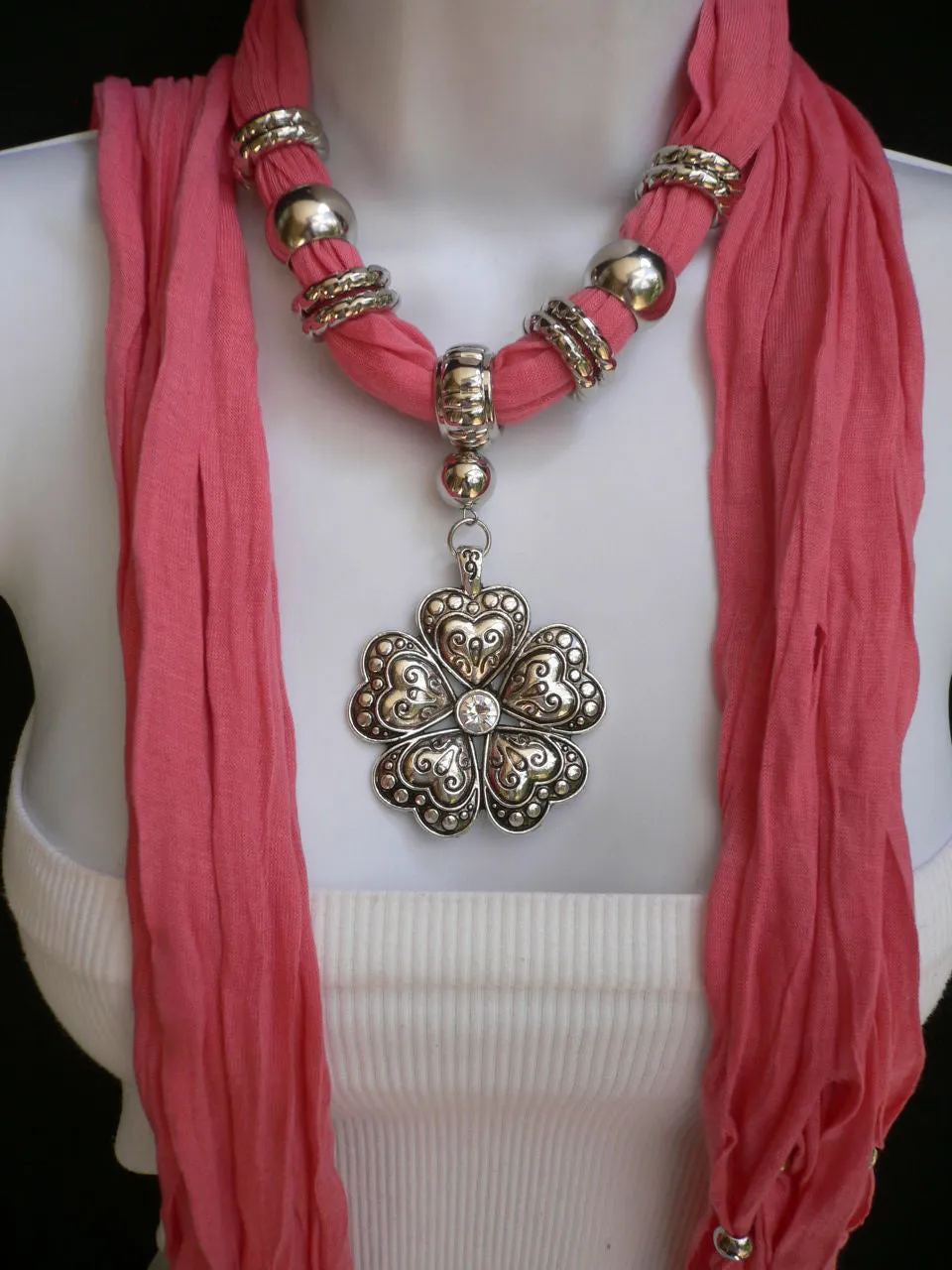 Soft Scarf Heart Flower Silver Pendant