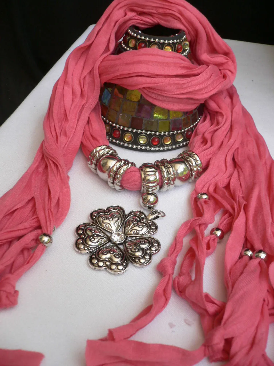 Soft Scarf Heart Flower Silver Pendant
