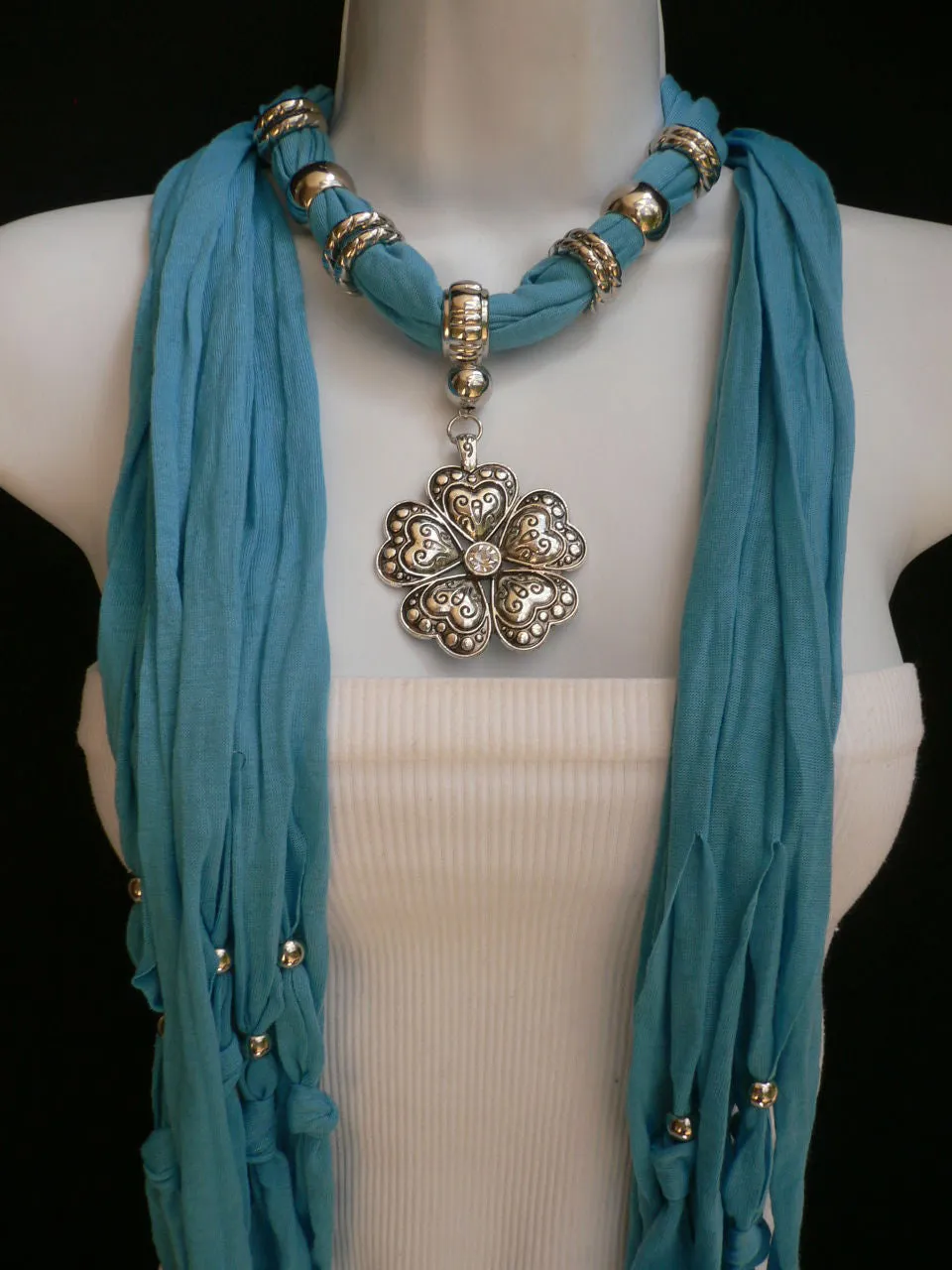 Soft Scarf Heart Flower Silver Pendant