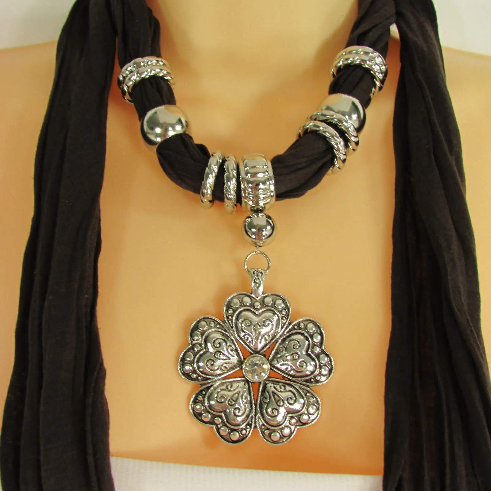 Soft Scarf Heart Flower Silver Pendant