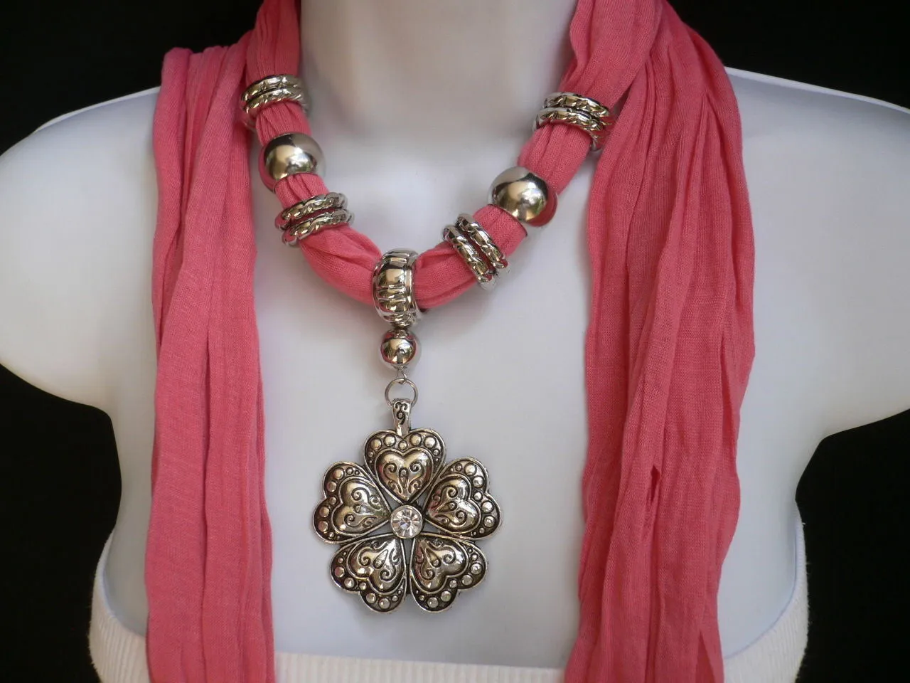 Soft Scarf Heart Flower Silver Pendant
