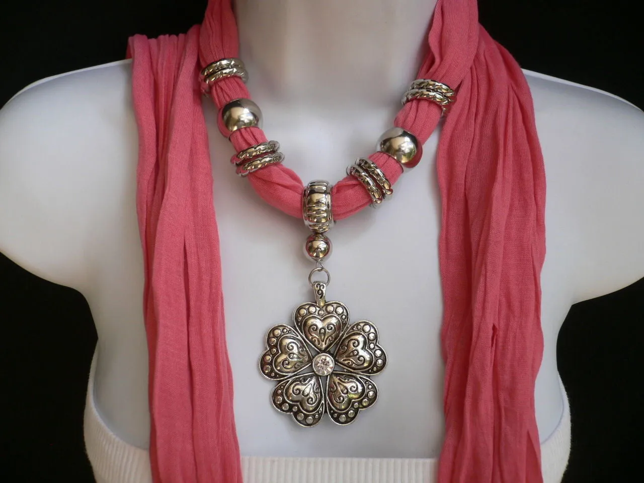 Soft Scarf Heart Flower Silver Pendant