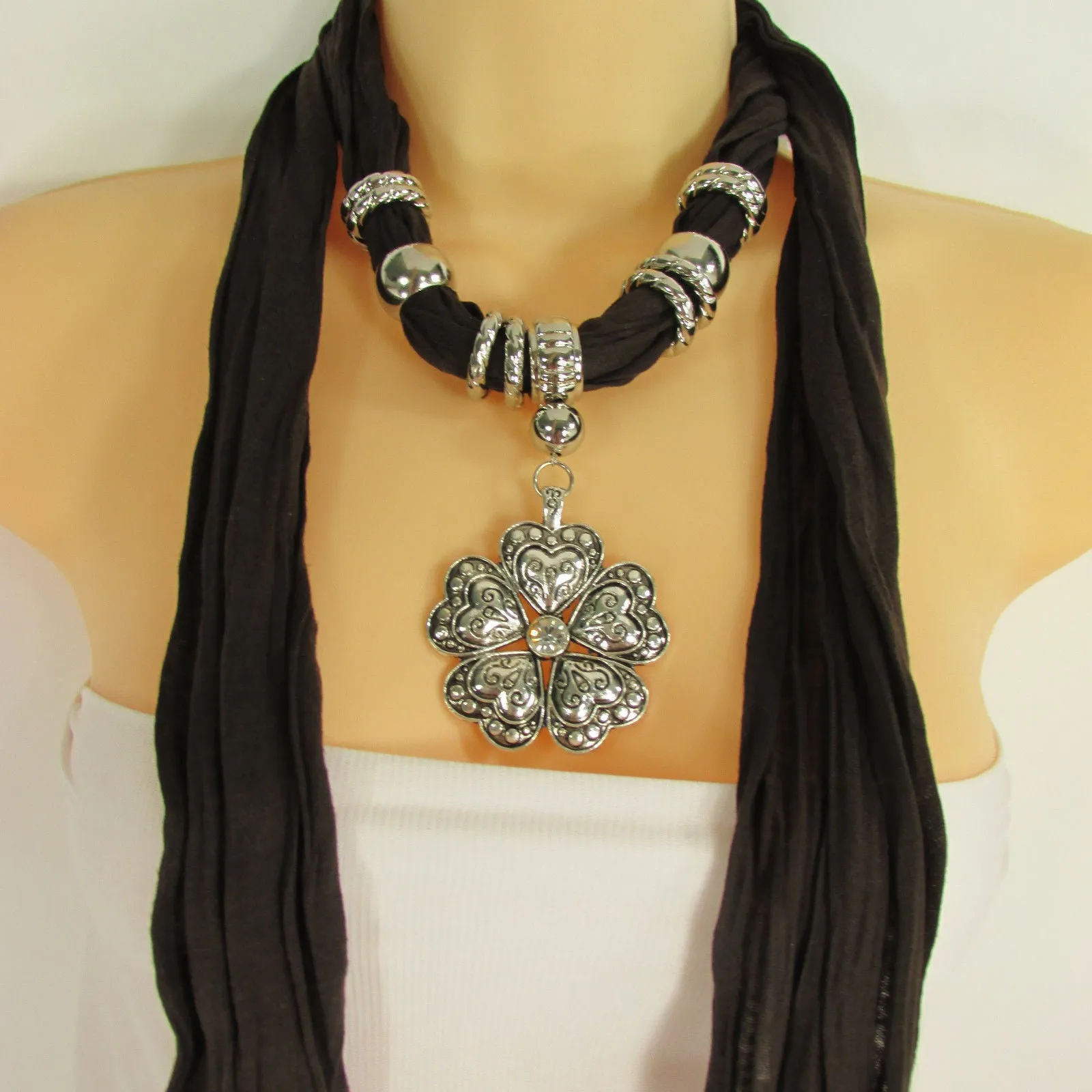 Soft Scarf Heart Flower Silver Pendant