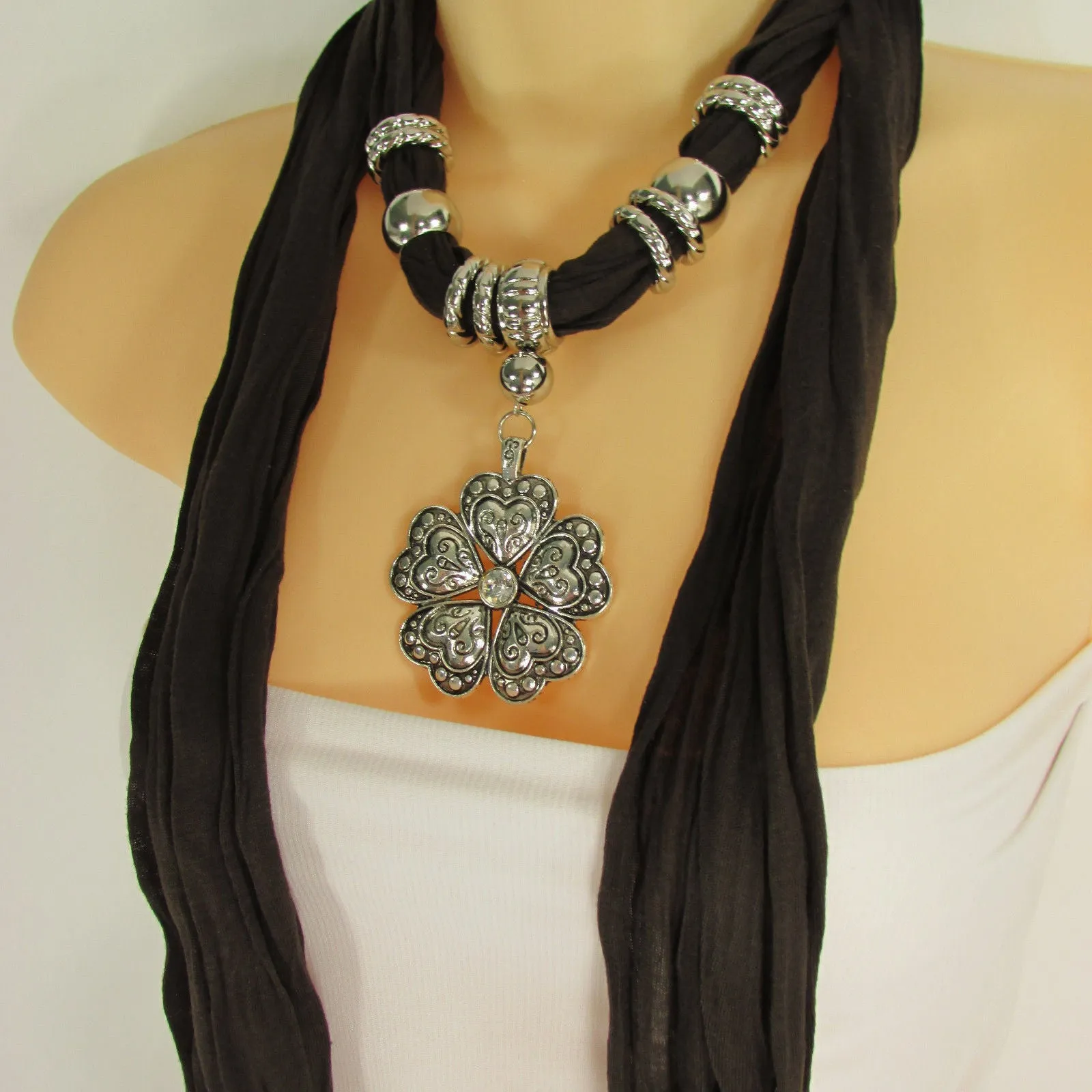 Soft Scarf Heart Flower Silver Pendant