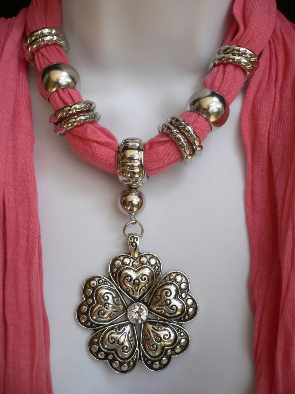 Soft Scarf Heart Flower Silver Pendant