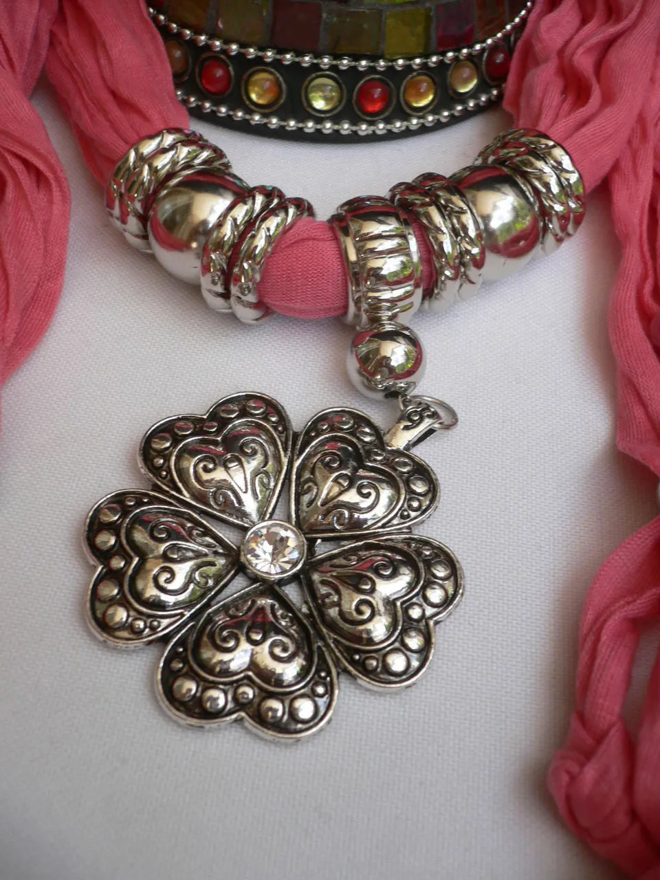 Soft Scarf Heart Flower Silver Pendant