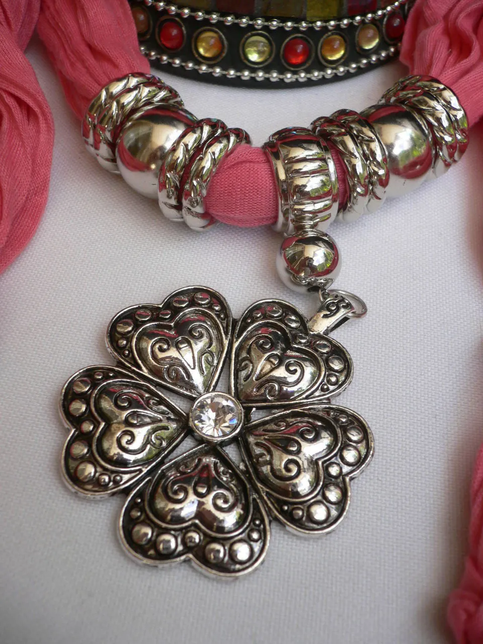 Soft Scarf Heart Flower Silver Pendant