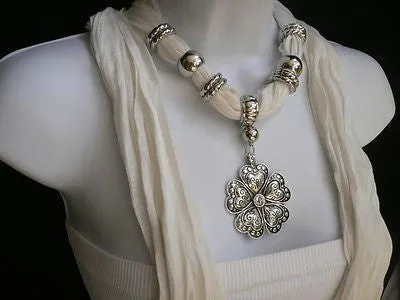 Soft Scarf Heart Flower Silver Pendant