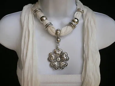 Soft Scarf Heart Flower Silver Pendant