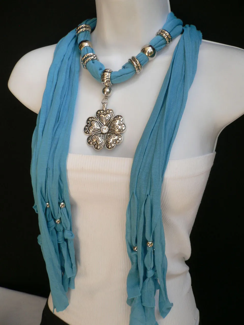 Soft Scarf Heart Flower Silver Pendant