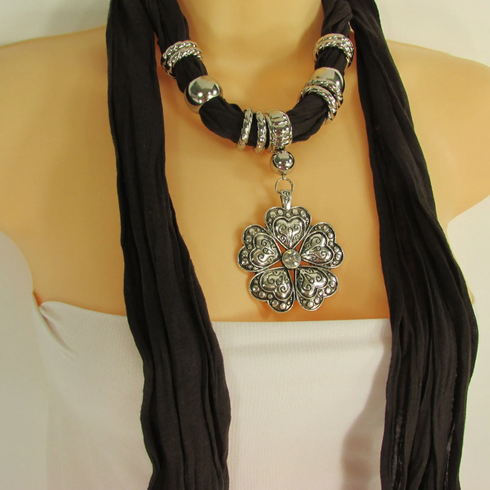 Soft Scarf Heart Flower Silver Pendant