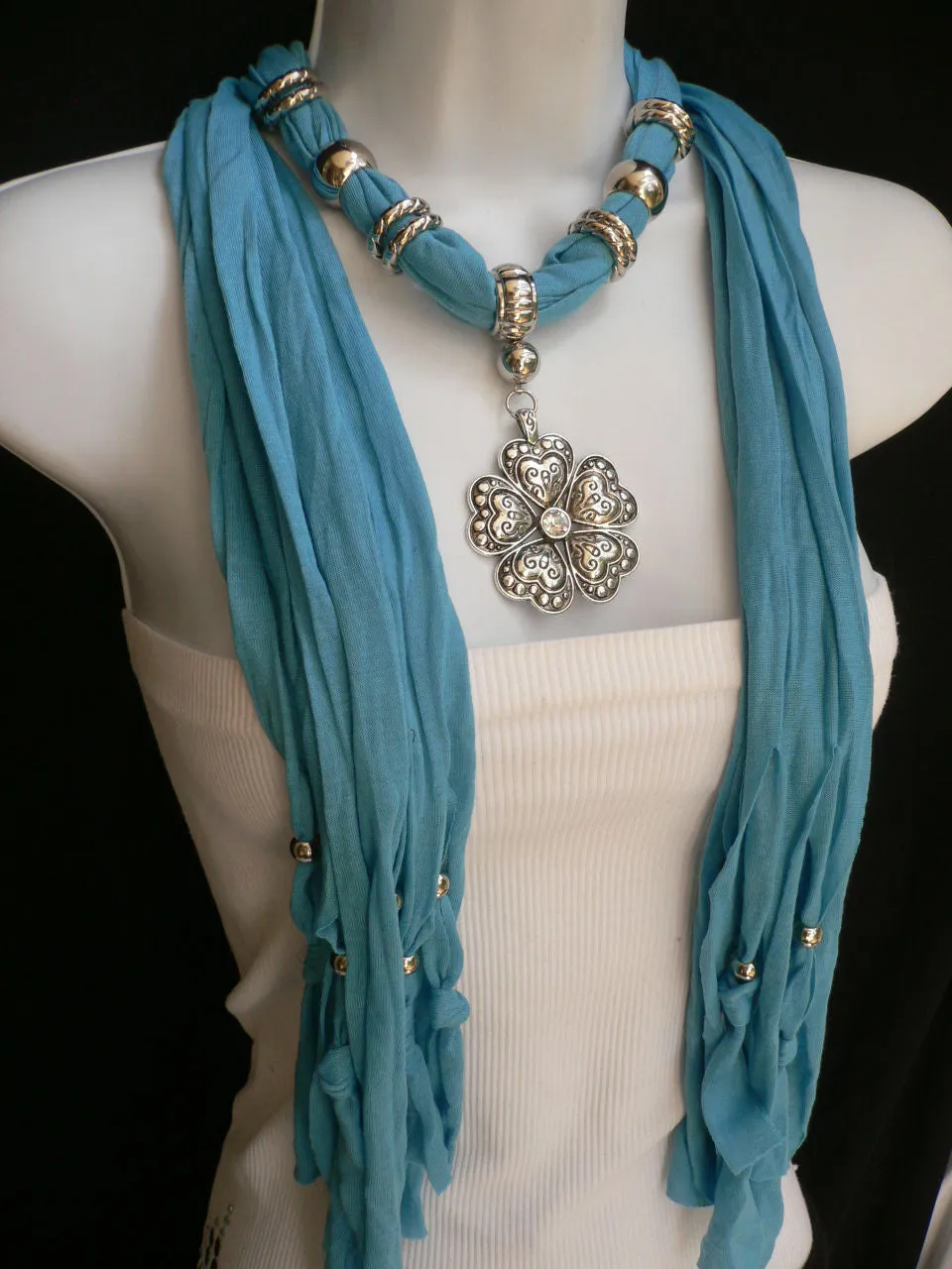 Soft Scarf Heart Flower Silver Pendant