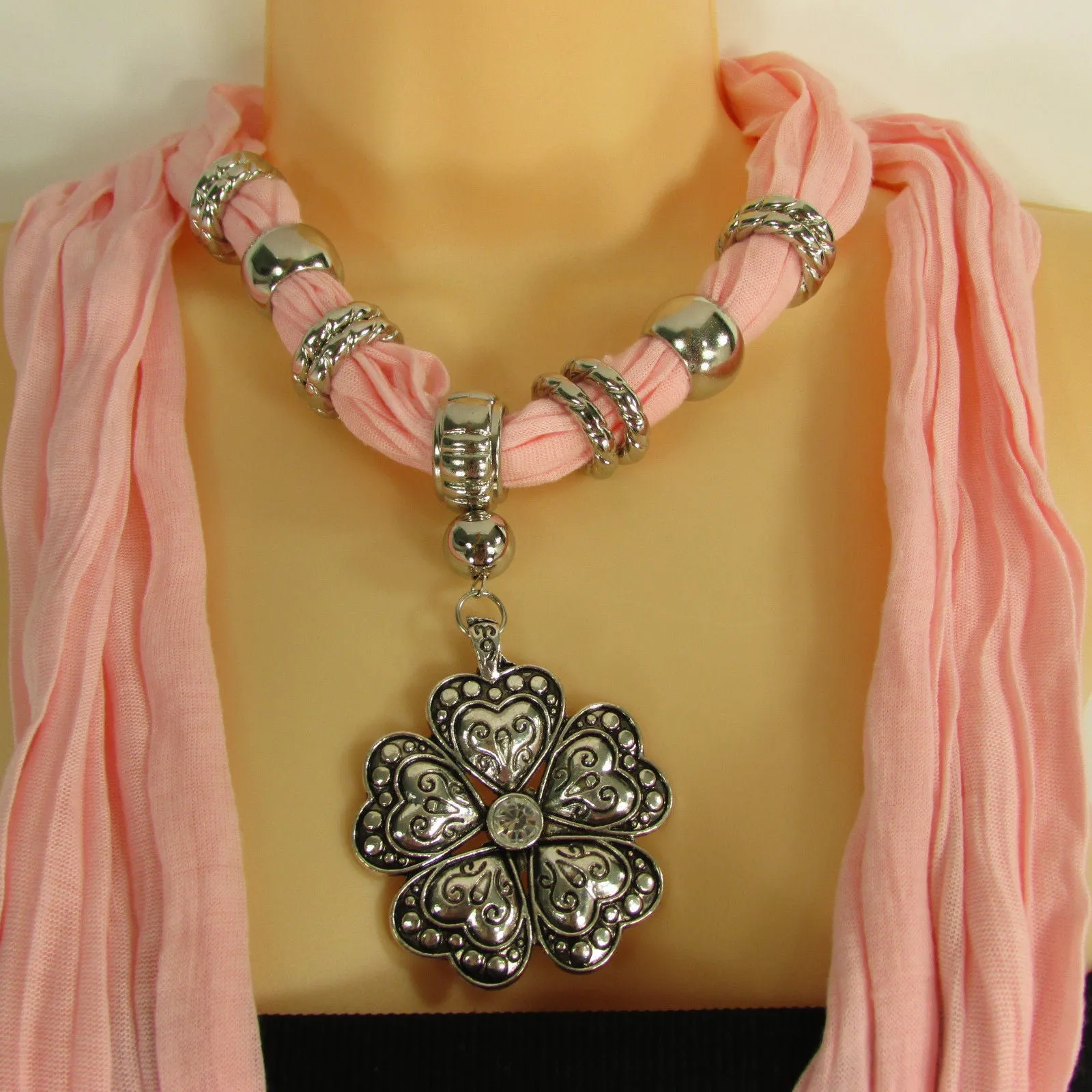 Soft Scarf Heart Flower Silver Pendant