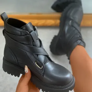 Solid Bandage Buckle Decor Combat Boots