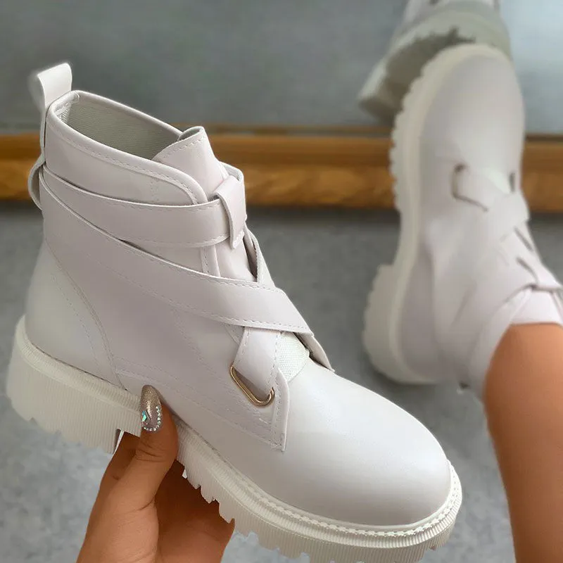 Solid Bandage Buckle Decor Combat Boots
