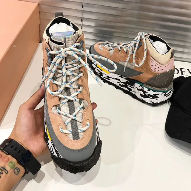 Spring casual shoes Woman climbing Trainers creeper patchwork boots thick bottom platform sneakers high top daddy shoes