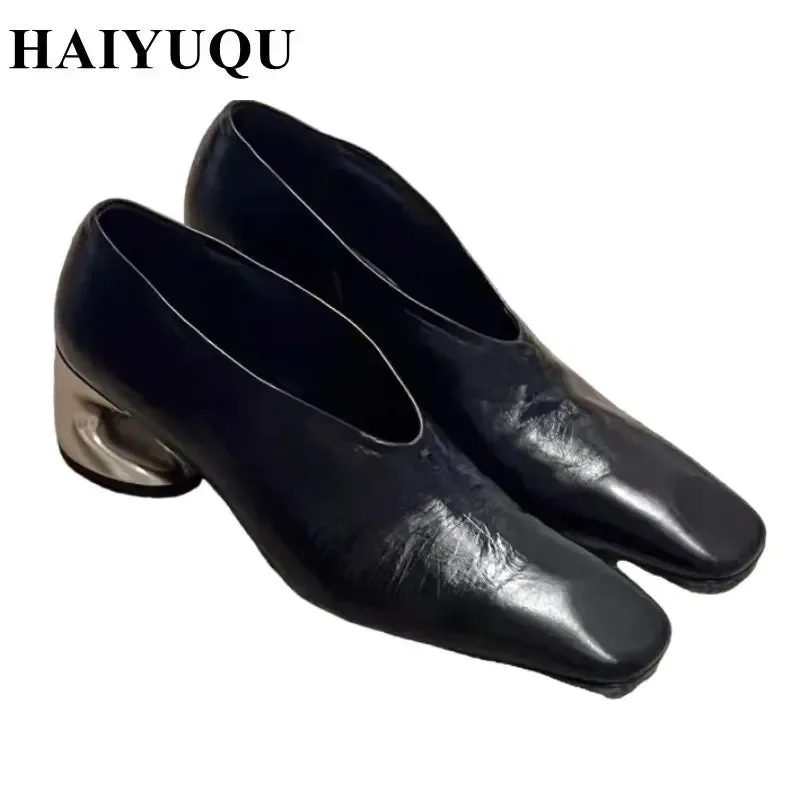 Square Toe Leather Chunky Loafers Womens Shoes Luxury Brand Heels Autumn 2025 New Fashion Elegant Dress Pumps Zapatillas Mujer