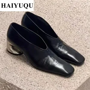 Square Toe Leather Chunky Loafers Womens Shoes Luxury Brand Heels Autumn 2025 New Fashion Elegant Dress Pumps Zapatillas Mujer