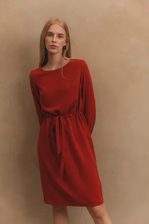 Straight Dress with Belt in Brick