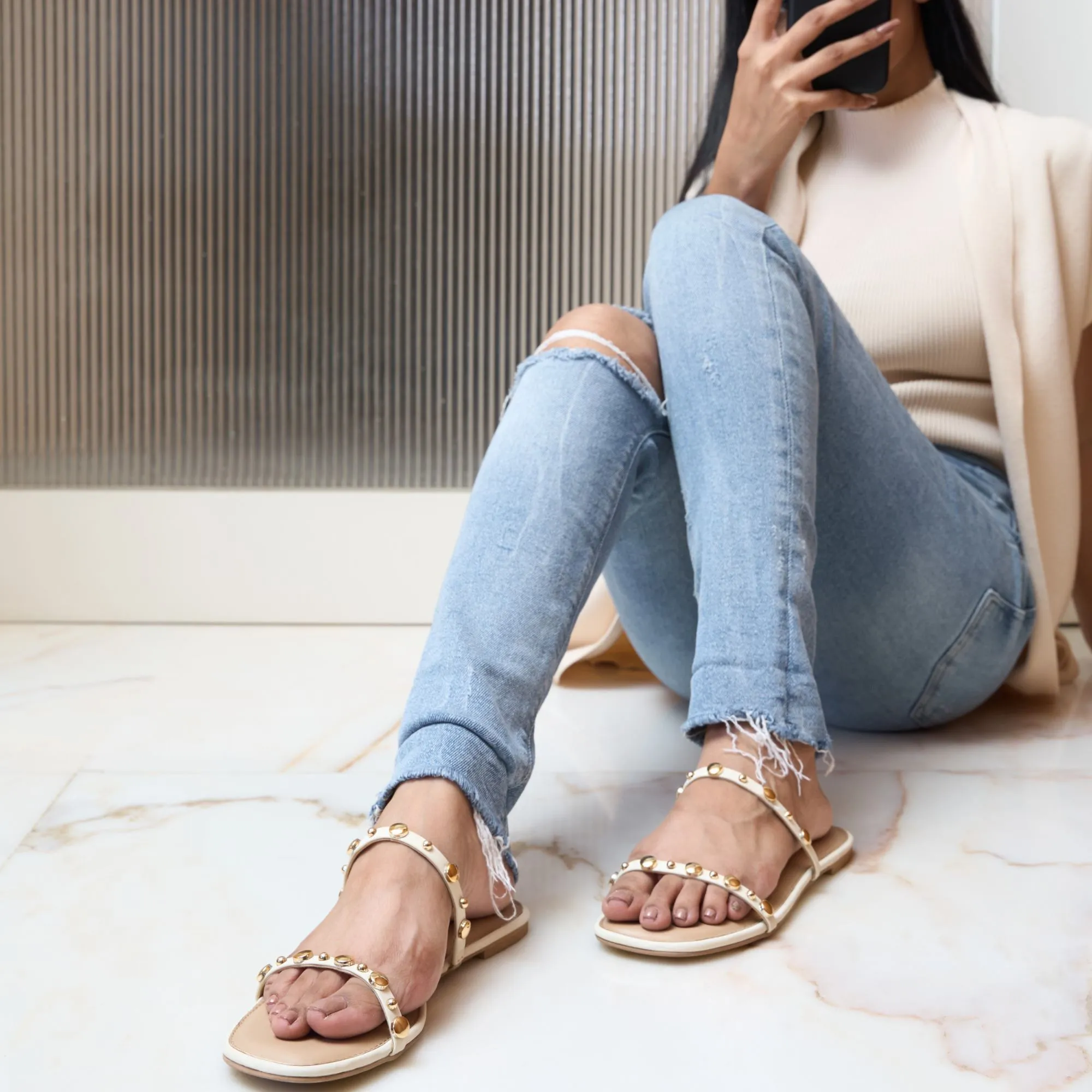 Strapped Rivet Flats- Cream