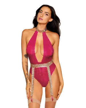 Stretch Lace Halter Teddy & Separate Chainmail Garter Belt
