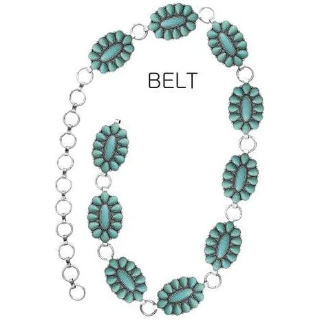 Texture Western Concho Flower Gem Stone Chain Belt