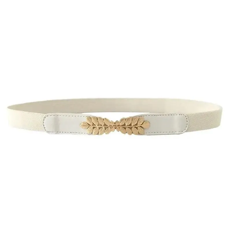 Thin Elastic Stretch Women Buckle Skinny Fashion Belts Metal Leaf Buckle Design Belts For Ladies