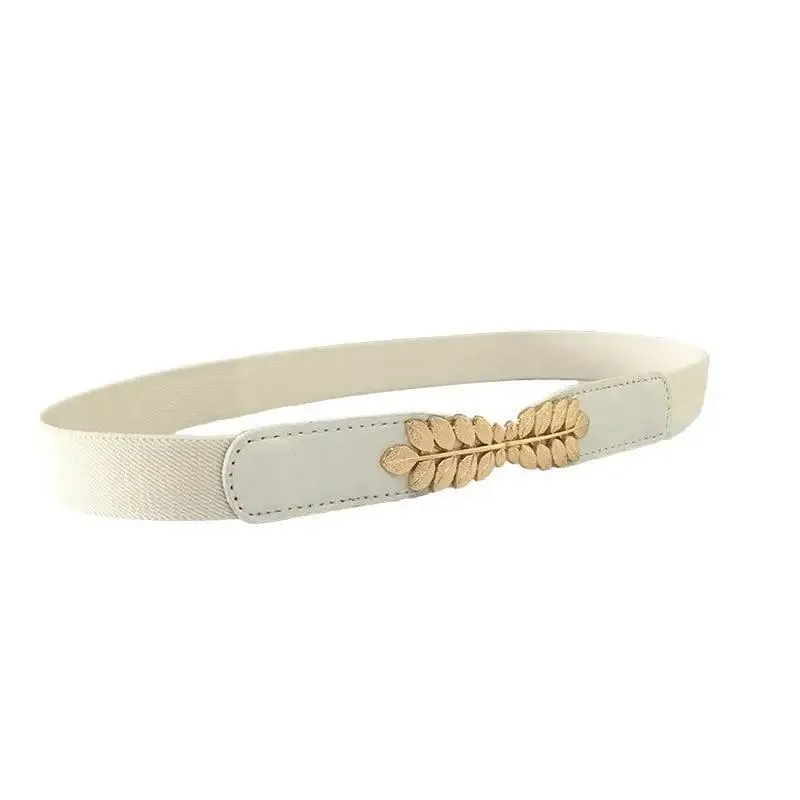 Thin Elastic Stretch Women Buckle Skinny Fashion Belts Metal Leaf Buckle Design Belts For Ladies