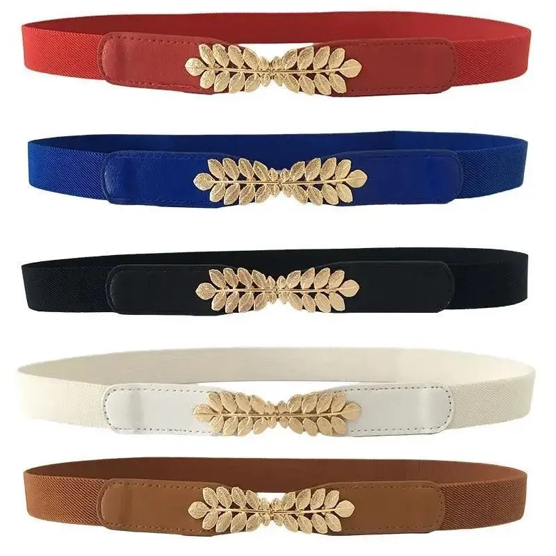 Thin Elastic Stretch Women Buckle Skinny Fashion Belts Metal Leaf Buckle Design Belts For Ladies