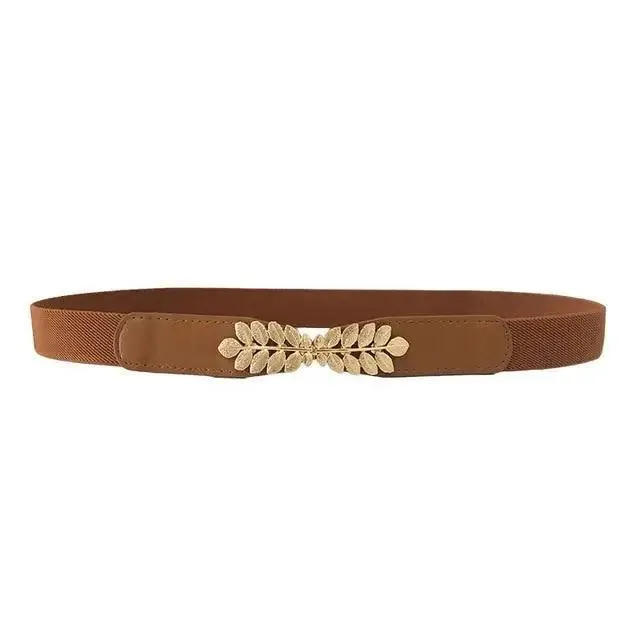 Thin Elastic Stretch Women Buckle Skinny Fashion Belts Metal Leaf Buckle Design Belts For Ladies