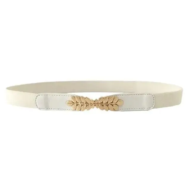 Thin Elastic Stretch Women Buckle Skinny Fashion Belts Metal Leaf Buckle Design Belts For Ladies