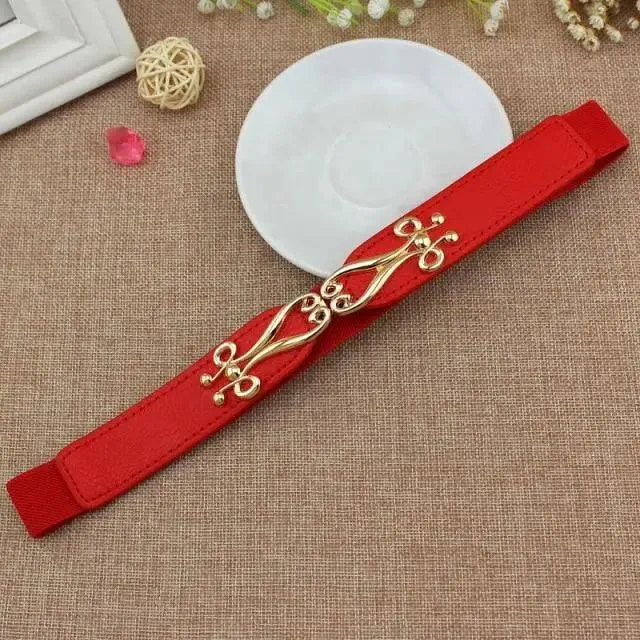 Thin Elastic Stretch Women Buckle Skinny Fashion Belts Metal Leaf Buckle Design Belts For Ladies
