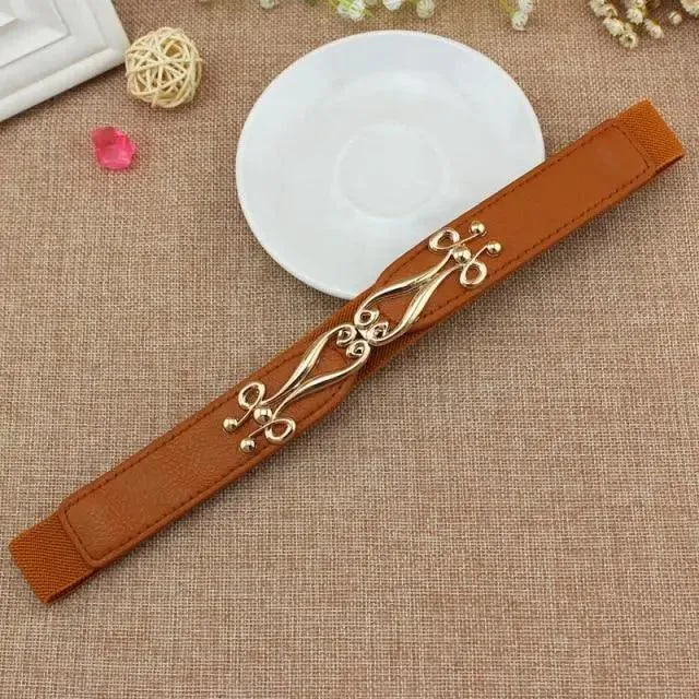 Thin Elastic Stretch Women Buckle Skinny Fashion Belts Metal Leaf Buckle Design Belts For Ladies