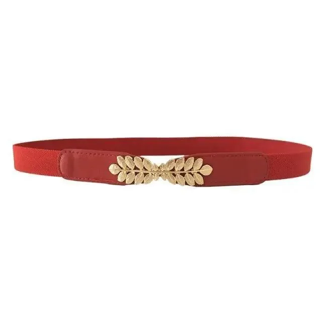 Thin Elastic Stretch Women Buckle Skinny Fashion Belts Metal Leaf Buckle Design Belts For Ladies