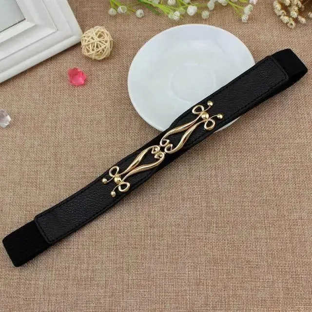 Thin Elastic Stretch Women Buckle Skinny Fashion Belts Metal Leaf Buckle Design Belts For Ladies