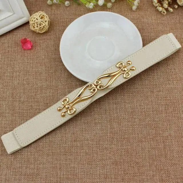 Thin Elastic Stretch Women Buckle Skinny Fashion Belts Metal Leaf Buckle Design Belts For Ladies