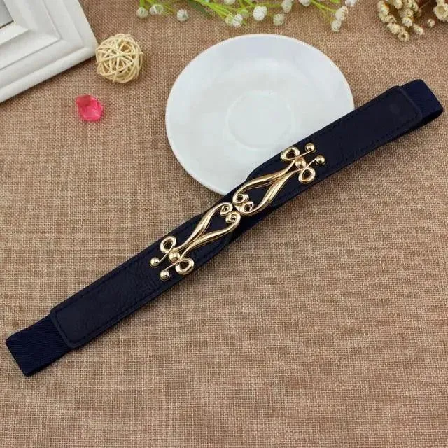 Thin Elastic Stretch Women Buckle Skinny Fashion Belts Metal Leaf Buckle Design Belts For Ladies
