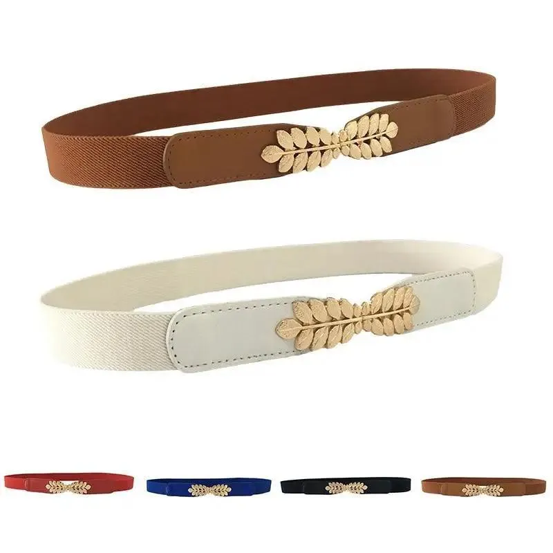Thin Elastic Stretch Women Buckle Skinny Fashion Belts Metal Leaf Buckle Design Belts For Ladies