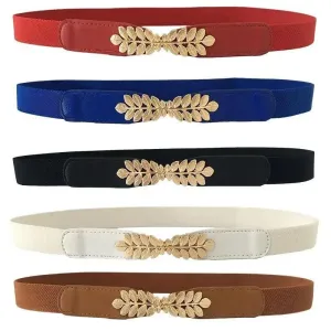 Thin Elastic Stretch Women Buckle Skinny Fashion Belts Metal Leaf Buckle Design Belts For Ladies