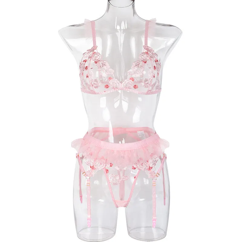 Three-piece Set Of Mesh Flower Perspective Stitching Garter Belt