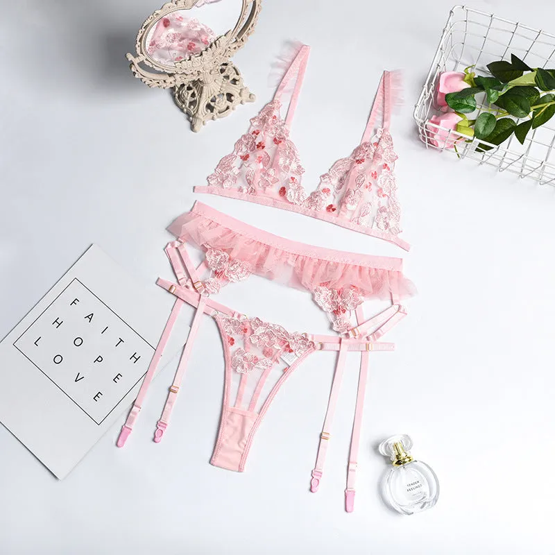 Three-piece Set Of Mesh Flower Perspective Stitching Garter Belt