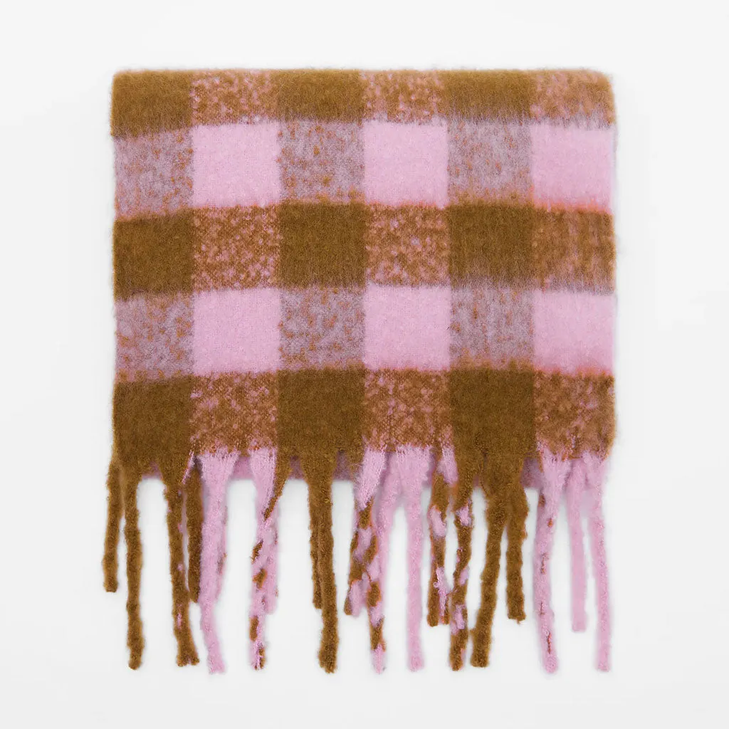 Two Tone Brushed Fringe Narrow Plaid Scarf - Pink