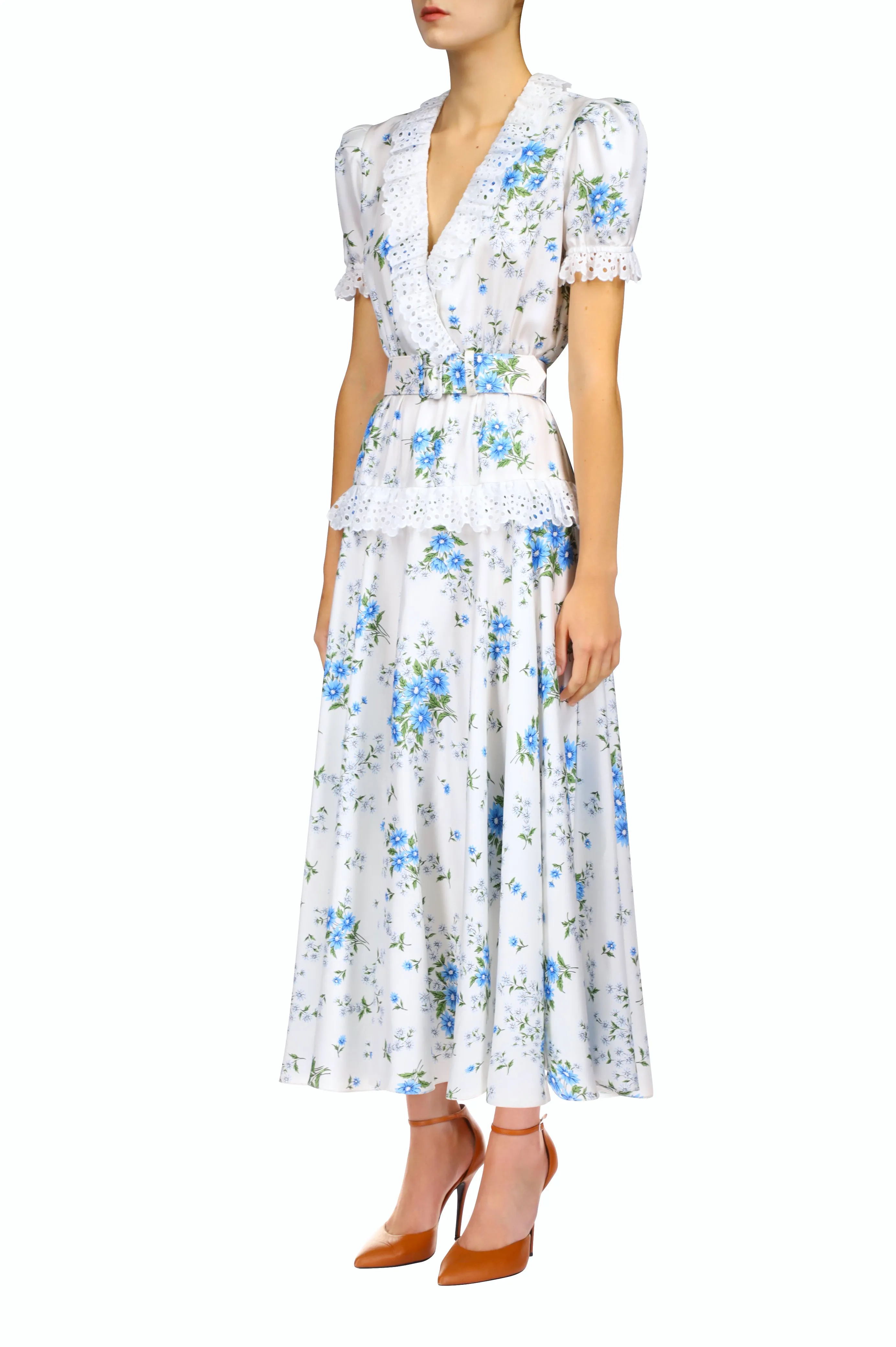White And Blue Daisy Silk Twill  Dress With Eyelet Ruffle Detail And Belt