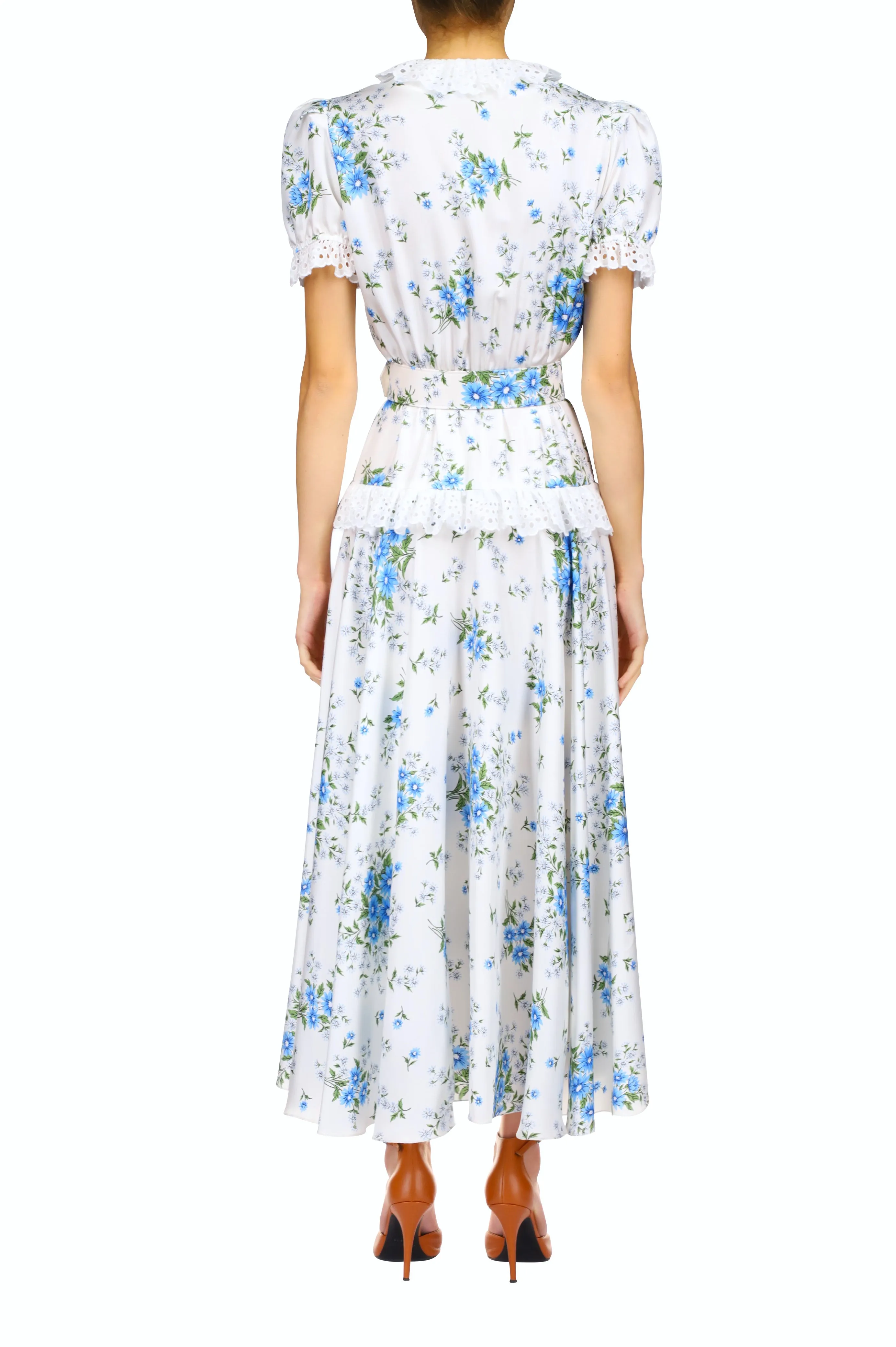 White And Blue Daisy Silk Twill  Dress With Eyelet Ruffle Detail And Belt