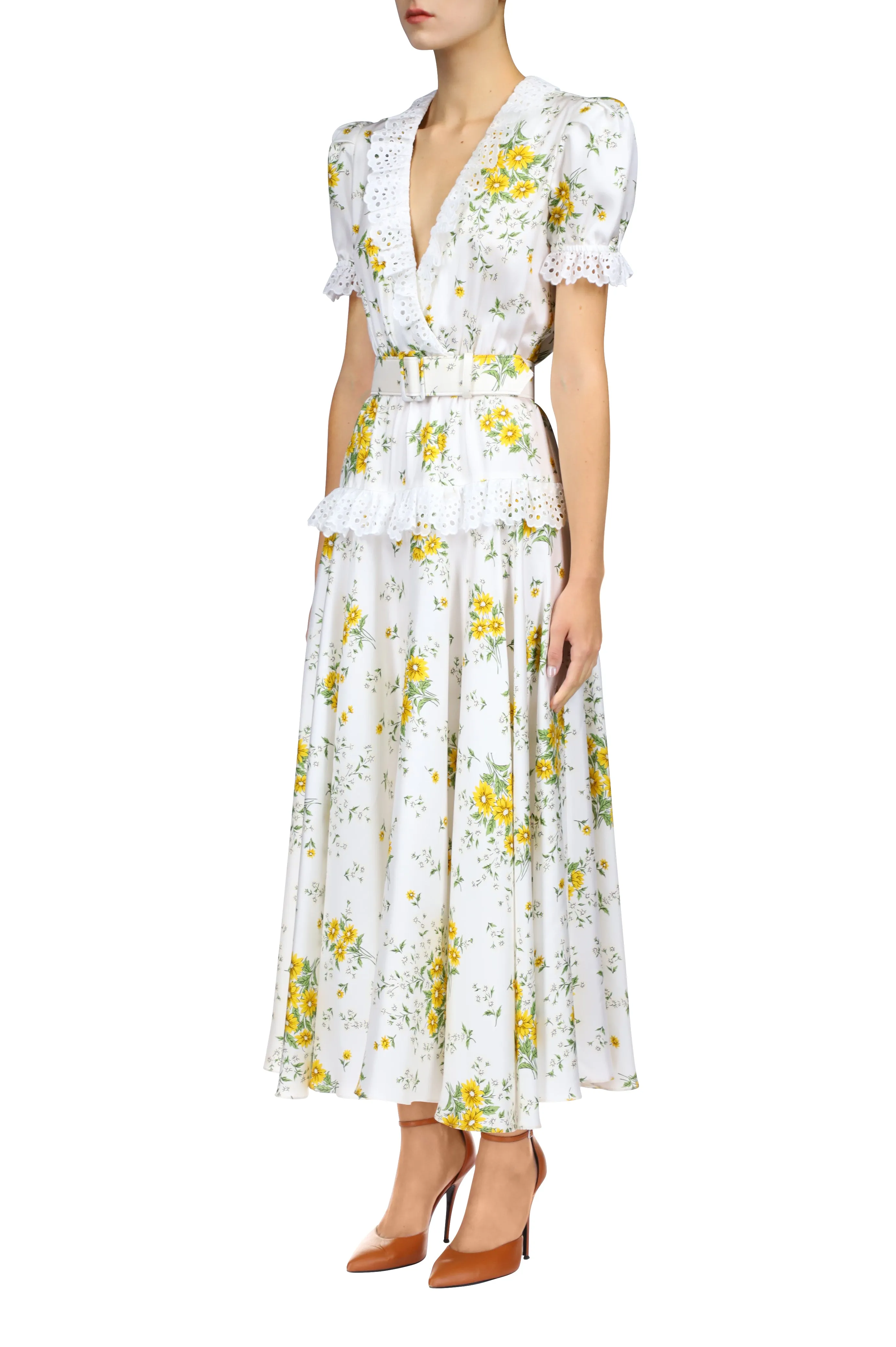 White And Yellow Daisy Silk Twill Dress With Eyelet Ruffle Detail And Belt