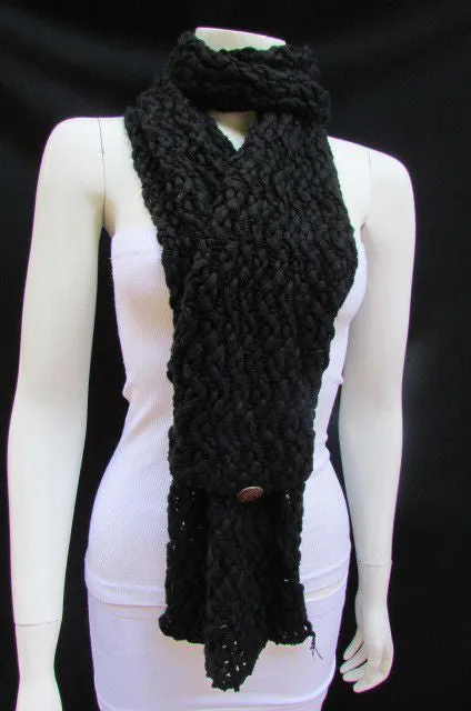 White Black Wide Scarf Soft Fabric Winter Shawl 3 Brown Wood Buttons Accessories