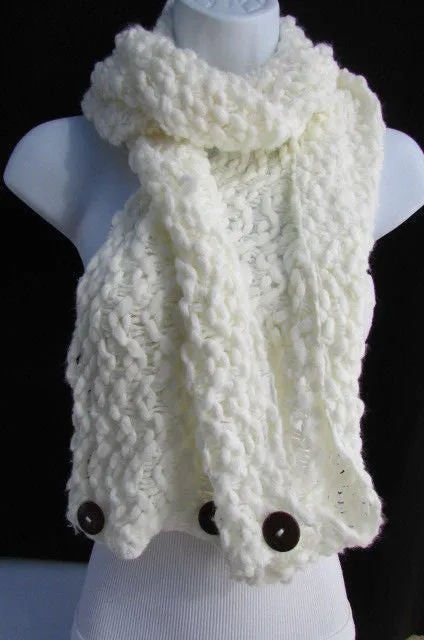 White Black Wide Scarf Soft Fabric Winter Shawl 3 Brown Wood Buttons Accessories