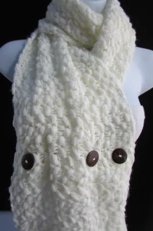 White Black Wide Scarf Soft Fabric Winter Shawl 3 Brown Wood Buttons Accessories