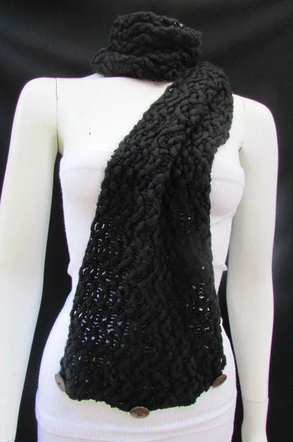 White Black Wide Scarf Soft Fabric Winter Shawl 3 Brown Wood Buttons Accessories