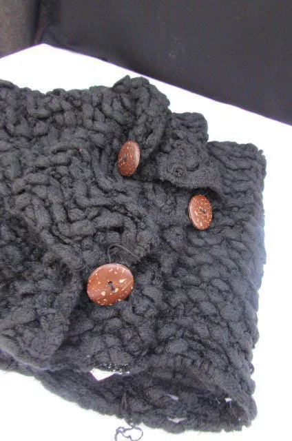 White Black Wide Scarf Soft Fabric Winter Shawl 3 Brown Wood Buttons Accessories